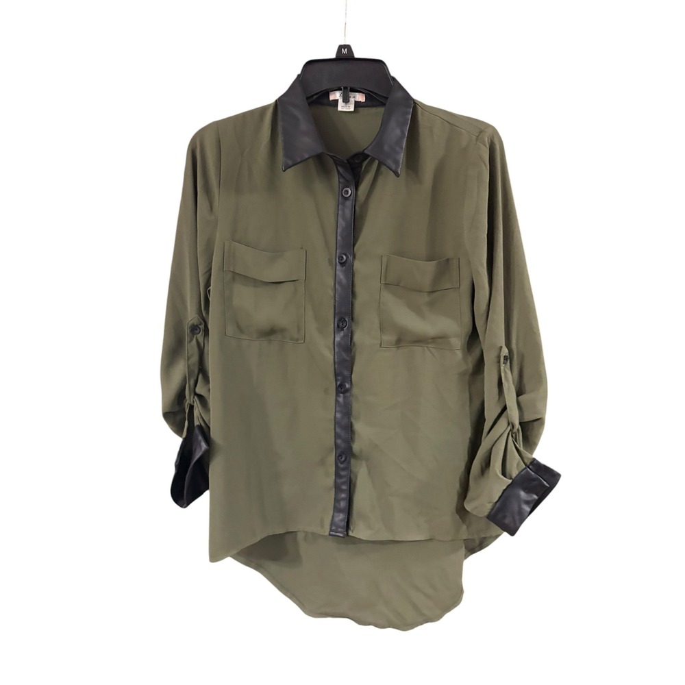 La Vie 89 Olive Green Faux Leather Trim Roll Tab Button Down Blouse Womens Small